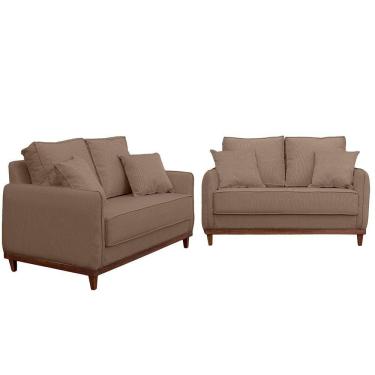 Imagem de Kit Sofa Sena 2 E 3 Lugares Base De Madeira Para Sala Hotel Linho Marrom