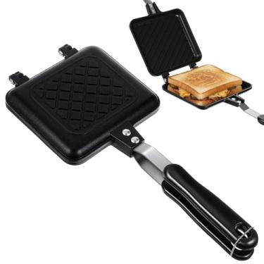 Imagem de Sanduicheira, panela panini grelhada com pratos antiaderentes, sanduicheira torrada de fogão, frigideira dupla face de alumínio para cozinha doméstica, acampamento e café da manhã