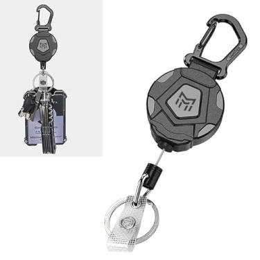 Imagem de Chaveiro retrátil, suporte de crachá de mosquetão resistente, carretel de crachá de identificação, chaveiro tático com cordão retrátil de aço de 81 cm