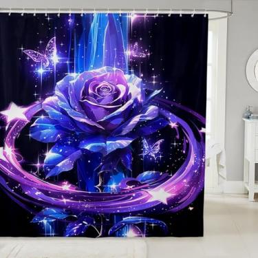 Imagem de Erosebridal Conjunto de cortina de chuveiro rosa azul e roxa, cortina de banheiro floral de borboleta divertida para crianças, meninas, mulheres, presentes de dia dos namorados, flor, conjunto de