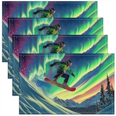 Imagem de Erosebridal Jogo americano de esqui Aurora 30 x 45 cm, conjunto de 4 tapetes temáticos de esqui de inverno para crianças, meninas, meninos, esquiador de snowboard resistente ao calor, tapetes de mesa