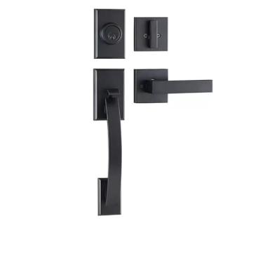 Imagem de SUYA Conjunto de fechadura de porta frontal resistente com fechadura de cilindro único e maçaneta - reversível para portas internas/externas esquerda/direita - Acabamento preto fosco