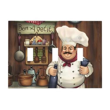 Imagem de JDAKHD Placa de cobertura para interruptor de luz retrô de chef gordo vintage medieval 3 gangues placa decorativa de parede placa de interruptor triplo placa elétrica de cozinha