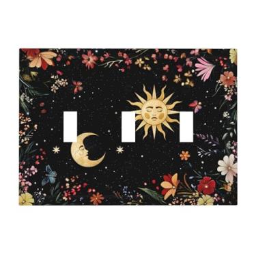 Imagem de JDAKHD Celestial Night Garden Plants Floral Sky 3-Gang Toggle Light Switch Cover Gótico Espaço Escuro Estrela Hippie Lua Jumbo Triplo Decorativo Placa de Parede para Cozinha, Corredor e Casas com