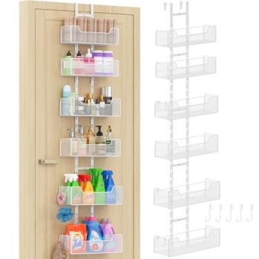 Imagem de Hongtamoya Organizador de porta suspenso de metal com 6 cestas ajustáveis e 5 ganchos, armazenamento atrás da porta para armário despensa armário cozinha banheiro quarto, branco