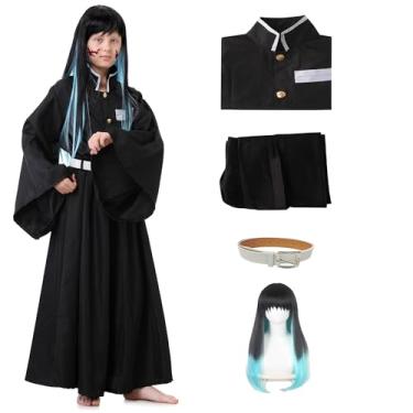Imagem de Fantasia de cosplay Muichirou para Halloween, quimono, conjunto completo, para adultos, fantasia com peruca, Conjunto preto, Kids 140