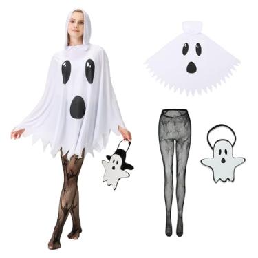 Imagem de Conjunto de 3 peças de fantasia de fantasma de Halloween, poncho feminino com capuz, bolsa de doces e meia-calça arrastão para festa de cosplay de Halloween