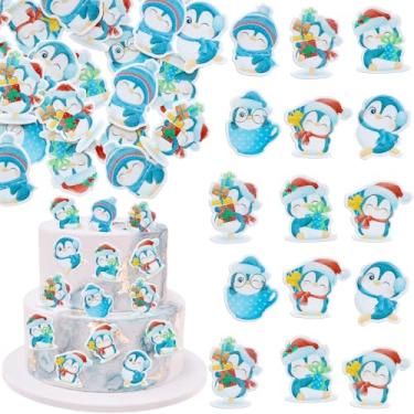 Imagem de Gyufise 48Pcs Edible Penguin Cupcake Toppers Wafer Paper Cute Penguin Cake Picks for Xmas Holiday New Year Holiday Baby Shower Kids Birthday Party Supplies Blue
