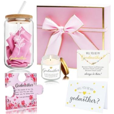 Imagem de EccoCove Conjunto de 5 peças de presente de pedido de madrinha – Will You Be My Godmother? Cartão, quebra-cabeça acrílico, vela de cera de soja, pulseira ajustável e copo de vidro floral – presente de