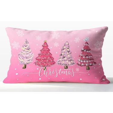 Imagem de Fyecoluo Capas de travesseiro rosa para árvore de Natal de inverno 30,5 x 50, decoração de Natal preppy, floco de neve, árvore de Natal, decoração decorativa para quarto de meninas, dormitório