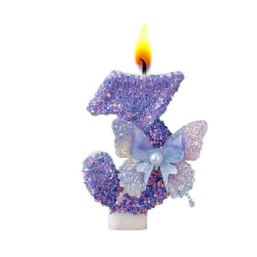 Imagem de Velas com números de aniversário, borboleta roxa, velas de aniversário para bolo, topo de bolo com número de glitter com lantejoulas para artigos de festa de casamento de aniversário (número 3)
