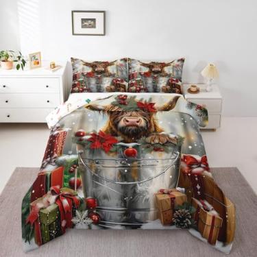 Imagem de Erosebridal Conjunto de cama de vaca Highland, Feliz Natal, casa de fazenda, animal de fazenda, para meninos e meninas, com floco de neve, para crianças, inverno, baga, pinheiro, folhas, 2 fronhas