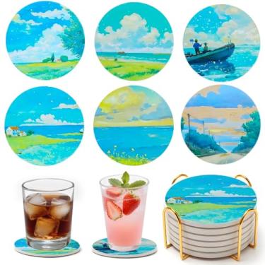 Imagem de Conjunto de 6 porta-copos de cerâmica com suporte, melhor porta-copos absorvente, conjunto de porta-copos de mesa de cerâmica redonda, decoração de xícara de café decorativa, melhor presente