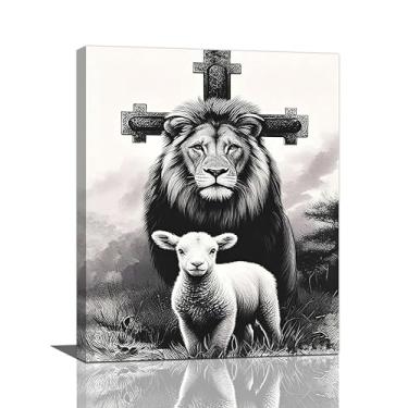 Imagem de Crekviy Leão e Cordeiro arte de parede Leão de Judá decoração de parede imagens cristãs impressões em tela pintura arte religiosa decoração para banheiro quarto sala de estar presentes emoldurados