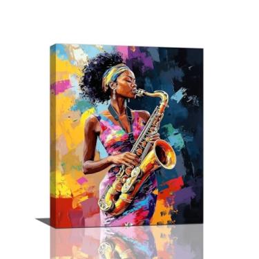 Imagem de Arte de parede feminina negra africana decoração de parede colorida grafite afro-menina pintura em tela arte moderna decoração de casa para banheiro quarto escritório emoldurado 40,6 cm x 50,8 cm