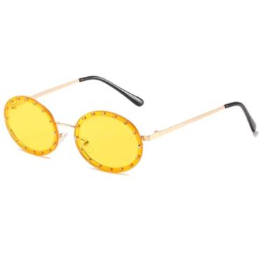 Imagem de Óculos de Sol Redondos Sem Aro com Strass, Armação Metálica, Proteção UV400 (Dourado-Amarelo)