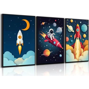 Imagem de 3 peças arte de parede de astronauta espaço arte de parede infantil menino decoração de parede quarto de crianças decoração de parede de quarto de meninos impressões em tela imagens foguete astronauta
