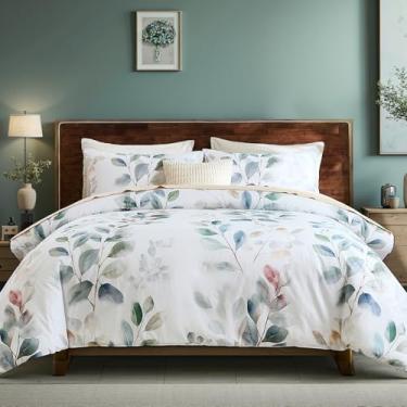 Imagem de Jogo de cama com edredom 100% algodão, verde e botânico, com estampa floral de folha verde sálvia, tema country, supermacio, respirável, conjunto de cama de algodão