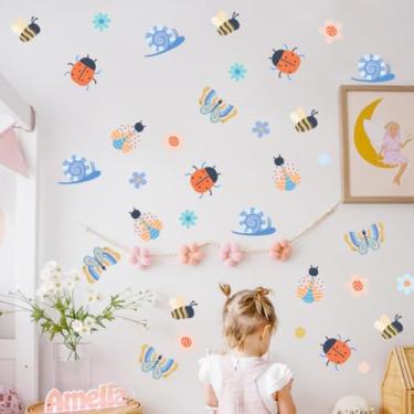 Imagem de Decalque de parede de insetos e flora, adesivos de decoração de parede de borboleta de flor, abelhinha removível, joaninha, caracol, adesivos de arte de flores coloridas, decoração de quarto de quarto