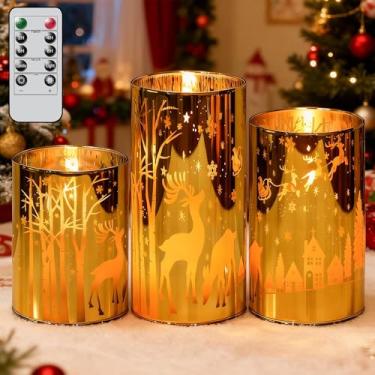 Imagem de Lasumora Velas douradas de rena de Natal sem chama com temporizador remoto, conjunto de 3 velas de LED em suporte de vidro banhado, velas operadas por bateria, cera real para decoração de casa