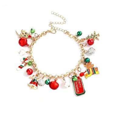 Imagem de Pulseiras com pingente de Natal com pingente de Natal com contas coloridas, meias de árvore de Papai Noel, floco de neve, caixa de presente, guirlanda, muleta, alce doce, pulseira com pingente, One