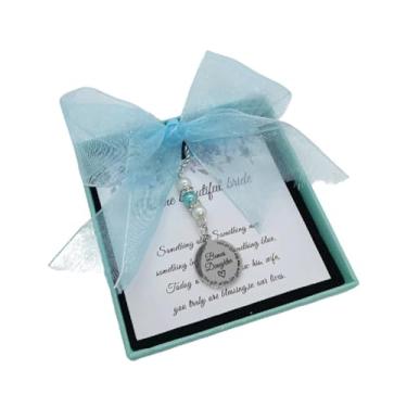 Imagem de ZGGAZCA Berloque de buquê de algo azul para noiva para futura nora no dia do casamento, cartão de boquet sentimental da mãe do noivo para noivas pérolas azuis para chá de panela