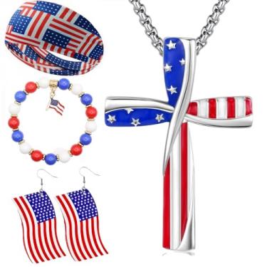 Imagem de Conjunto de joias patrióticas com colar de cruz da bandeira americana, pulseira, brincos e acessório de cabelo, vermelho, branco, azul, Adjustable, Metal, Sem Pedra Preciosa