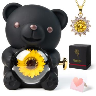Imagem de mountova Urso de pelúcia, presente de aniversário para mulheres, girassol artificial e colar em urso, presente romântico para sua namorada, irmã, mãe, com caixa de joias escondida no aniversário