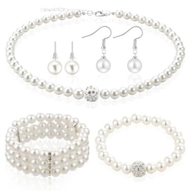 Imagem de 5 Colares de pérolas falsas para mulheres, conjunto de colar e brinco de pérolas adultas, colar de strass, brincos, pulseira, joias para festas, acessórios de presente de casamento