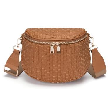 Imagem de FODOKO Bolsa tiracolo de tecido para mulheres de couro vegano, bolsa quadriculada com cinto, bolsas de ombro, Tecido marrom