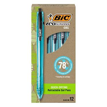 Imagem de BIC Canetas de gel de plástico Ecolutions Ocean-Bound, ponta média (1,0 mm), pacote com 12 unidades, canetas de tinta preta retráteis feitas de 78% de plástico reciclado oceânico, excluindo cartucho