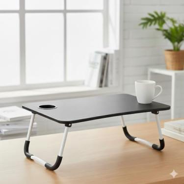 Imagem de Mesa Portátil Dobrável para Notebook sem Gaveta – Mesa de Cama para Estudo, Home Office, Refeição, com Porta-Copo e Design em MDF
