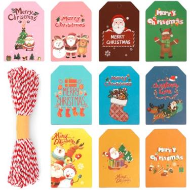 Imagem de Etiquetas de presente de Natal, 50 peças de etiquetas de Natal com cordão, etiquetas de presente de papel kraft de Natal, etiquetas de etiqueta penduradas para decoração DIY, etiquetas de nome