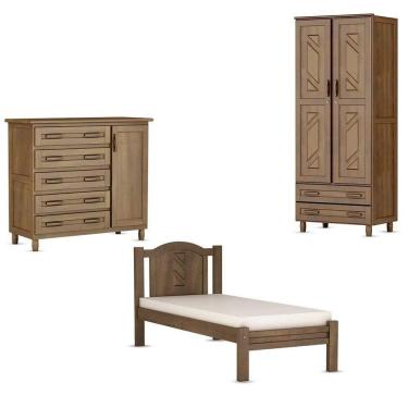 Imagem de Conjunto Quarto Solteiro Guarda-roupa Multiuso 2 Portas, Cômoda Sapateira, Cama Madeira Pinus Imbuia - Cavazotto