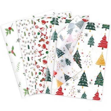 Imagem de Larcenciel 60 folhas de papel de seda de Natal a granel, padrão festivo de Papai Noel e árvore, papel de embrulho de presente verde vermelho vintage para sacos de presente, caixas e artesanato para