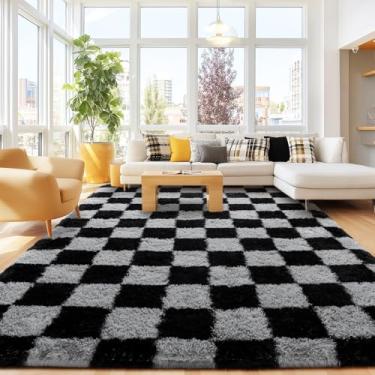 Imagem de Tapetes quadriculados 20 x 25 cm para sala de estar, ultramacio, fofo, grande, felpudo para quarto, tapetes felpudos antiderrapantes para berçário, meninos, meninas, quarto de crianças, decoração