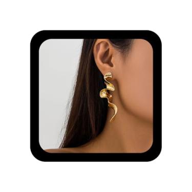 Imagem de Xduargs Brincos longos em espiral boho torcidos longos brincos vintage espiral espiral pingente de gota brinco de metal irregular para mulheres (ouro), Zinco, Sem pedra preciosa