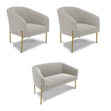 Imagem de Namoradeira E 2 Poltronas Pé Ferro Dourado Stella Bouclê Cinza D03 - D'rossi