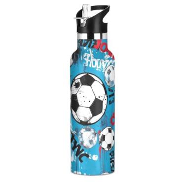 Imagem de ATTX Garrafa de água de futebol azul com tampa de palha, copo de aço inoxidável de 590 ml, copo isolado para viagens, ao ar livre #92