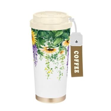 Imagem de SEHANY Caneca de viagem vintage com flores de jardim de 482 ml, copos de café reutilizáveis revestidos de cerâmica com tampa à prova de vazamento, parede dupla, isolamento a vácuo, copo de café de aço