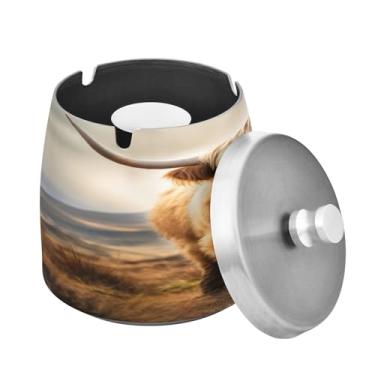 Imagem de Blueangle Cinzeiro de vaca Highland com tampa para cigarros, à prova de vento/chuva, aço inoxidável, sem fumaça, inodoro, cinzeiro para uso interno ou externo (212)