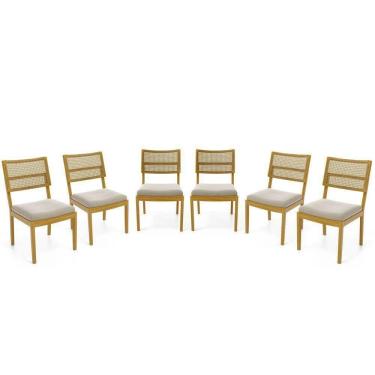 Imagem de Kit Com 6 Cadeiras Milena Madeira Maciça Assentos Estofados Encostos De Tela Palha Sextavada Veludo Bege 102