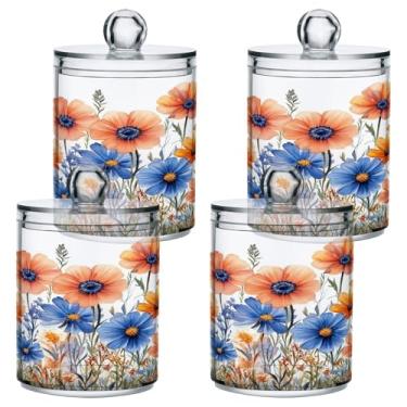 Imagem de ATTX Dispensador de suporte Qtip de flores silvestres em aquarela para bola de algodão, cotonete, frasco de boticário transparente, decoração de casa, pote de armazenamento de cozinha, pacote com 4