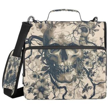 Imagem de SEHANY Fichário com zíper de caveira com alça de ombro, capacidade para 500 folhas, vários bolsos, fichário com 3 anéis com zíper de 3 cm