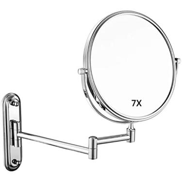 Imagem de YYBOES Espelho de maquilhagem, espelho de maquilhagem, espelho de maquilhagem, montado na parede, para barbear, espelho cosmético, extensível, dobrável, dupla face, ampliação 7x, espelho de cosméticos