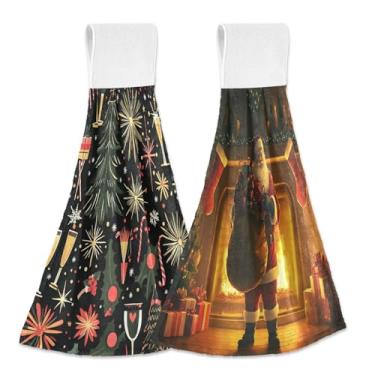 Imagem de Wassud Toalhas de mão penduradas de cozinha, pacote com 2, padrão de ano novo super macio com fogos de artifício, toalhas de banheiro Papai Noel com laços de adesivo mágico, toalha de secagem rápida