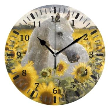 Imagem de CEBUGI Relógio de parede com cavalo, girassóis, operado por bateria, relógios de parede silenciosos sem tique-taque para cozinha, banheiro, quarto, escritório, decoração 25,4 cm