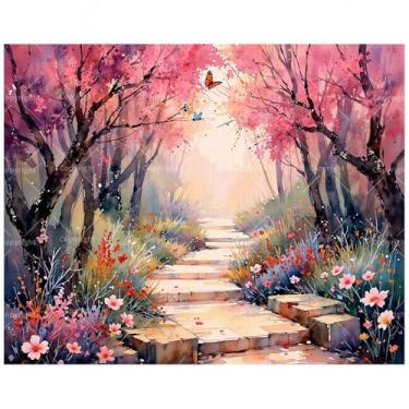 Imagem de Kit de pintura de caminho de flores por números para adultos - Trilha de flor de cerejeira DIY com pintura de borboletas em tela, 20 x 30 cm, conjunto de tinta acrílica emoldurada, adequado para
