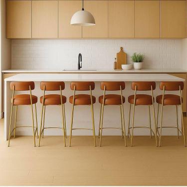 Imagem de Banqueta Cozinha Média Com Encosto Industrial Dourado Kit 6 Londres Pu D03 - D`rossi Branco