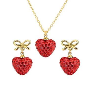 Imagem de coadipress Conjunto de colar de brincos de coração vermelho com strass para mulheres joias de dia dos namorados presentes para ela brincos de gota de coração brilhante de cristal acessórios de roupa